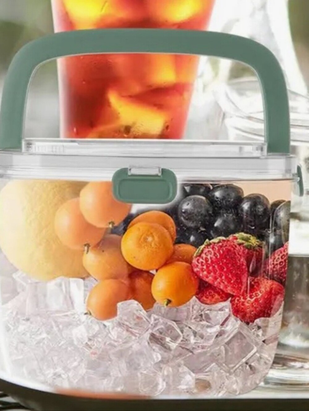 Small Ice Bucket Clear Lucite Handles Ice Tongs Green Details Travel Picnic BBQ